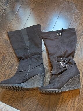 Women’s Black Wedge Mid-Calf Boots with Buckle Detail
